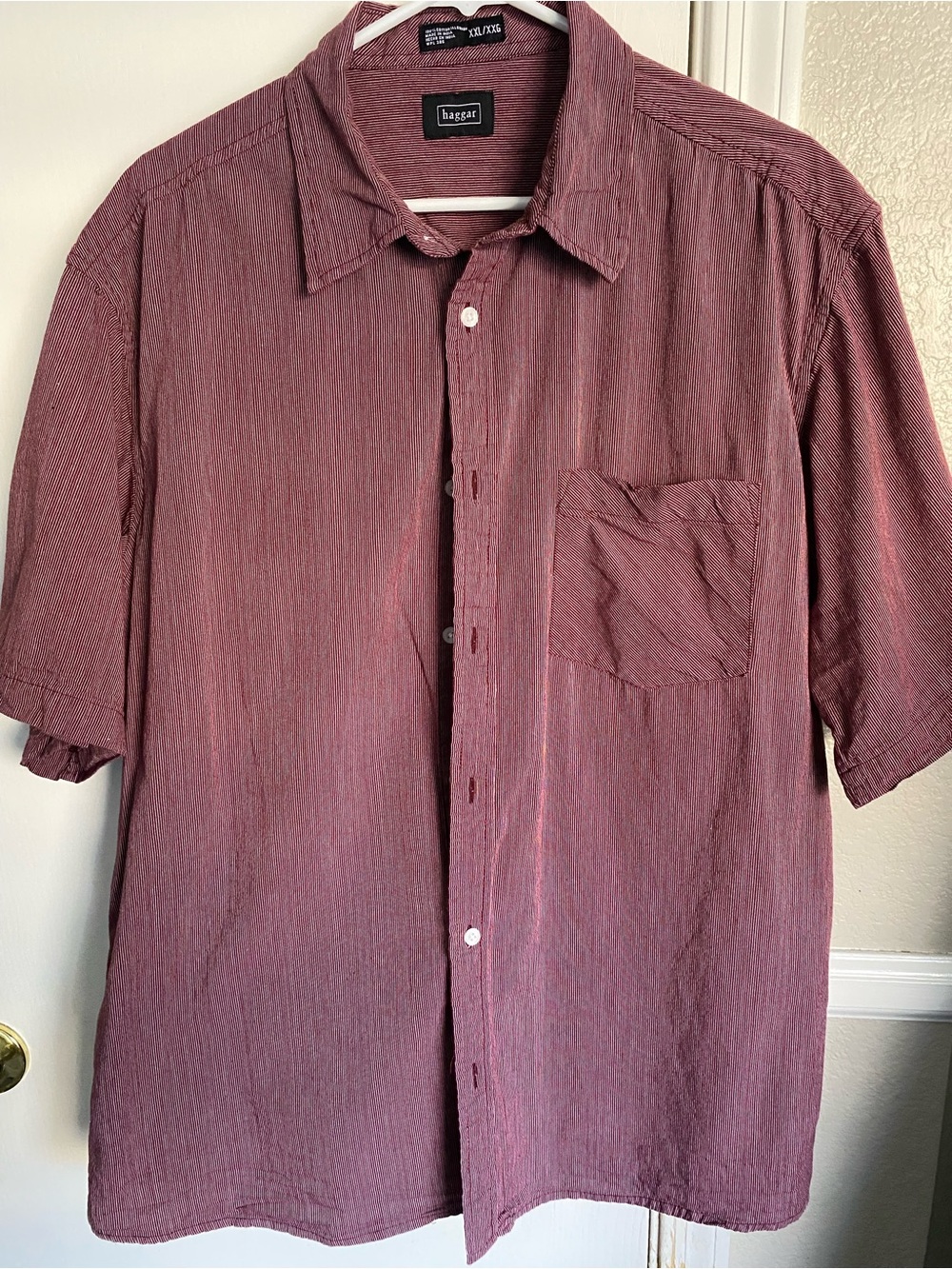 Haggar Burgundy Maroon Fine Stripe 100% Cotton Short Sleeve Shirt Men XXL Pocket